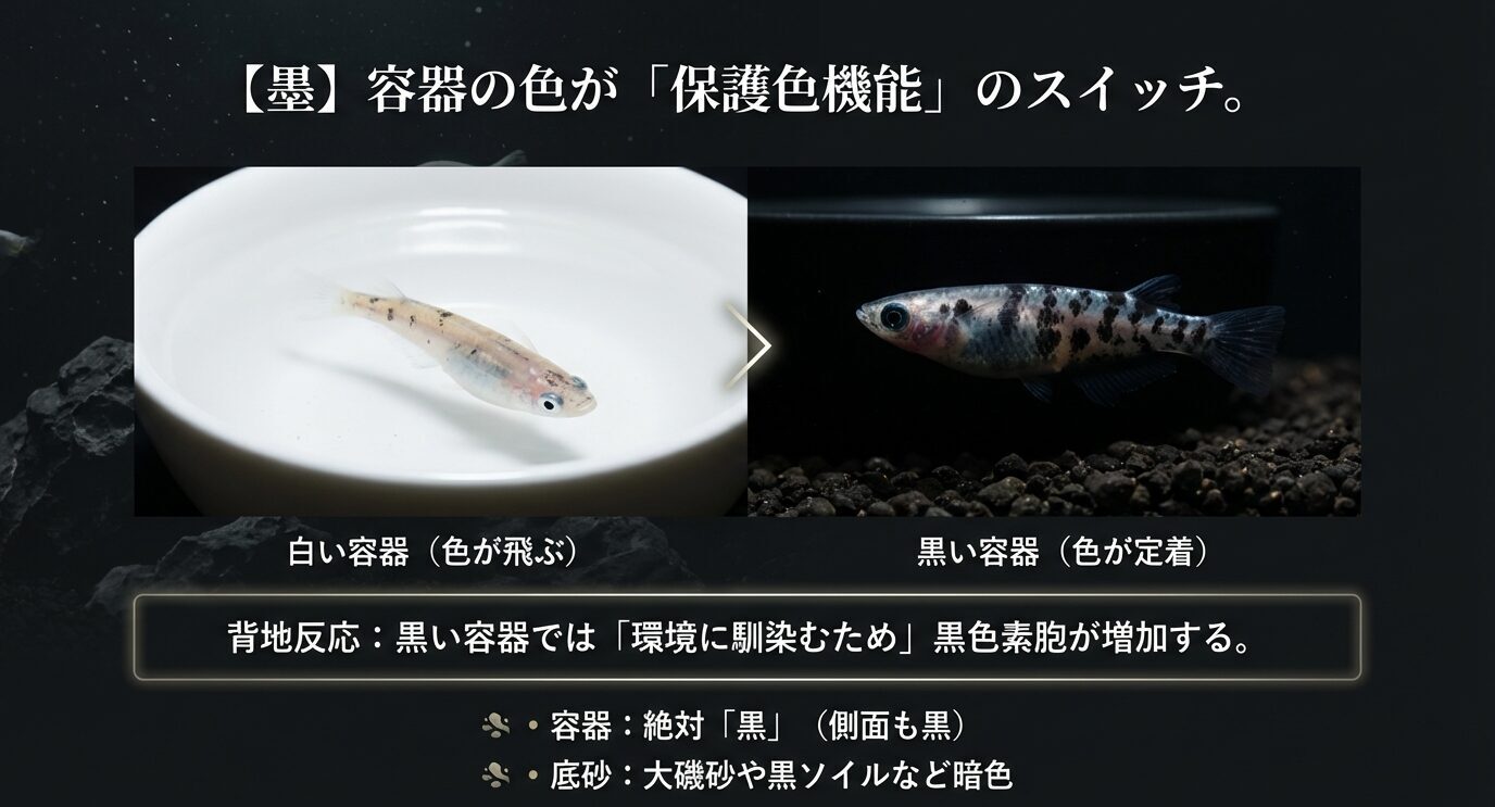 白い容器では色が飛び、黒い容器では墨が定着する比較。背地反応で黒色素胞が増えること、容器は黒(側面も)、底砂は暗色が良いと示すスライド。