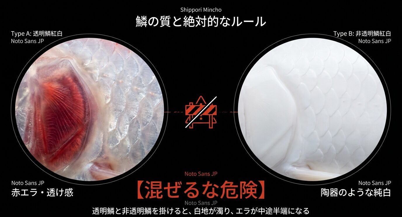 透明鱗紅白(赤エラ・透け感)と非透明鱗紅白(陶器のような純白)の比較。「混ぜるな危険」として、掛け合わせで白地が濁る注意を示す。