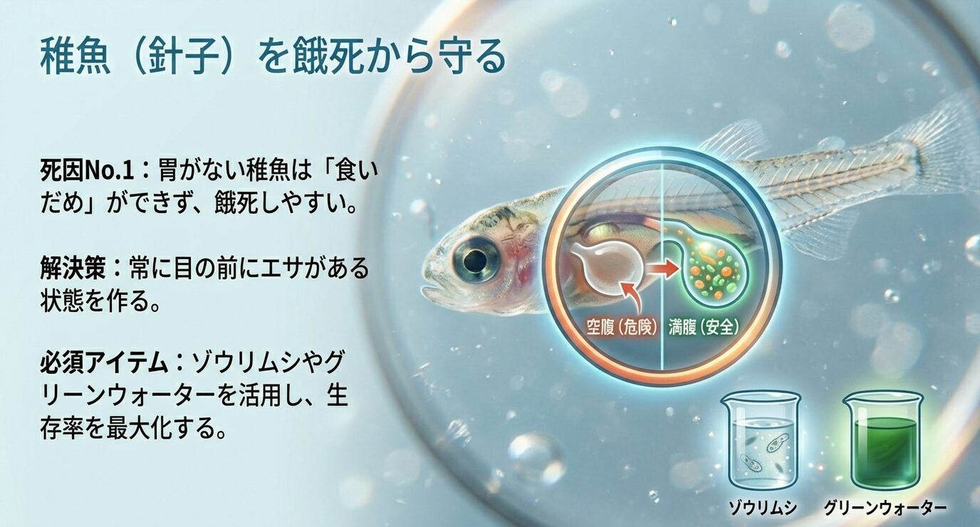 稚魚は食いだめできず餓死しやすいので、常に目の前にエサがある状態を作ること、ゾウリムシやグリーンウォーター活用が有効だと示すスライド