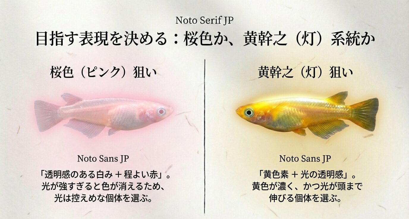 左右に分かれた比較スライド。左は桜色(ピンク)狙いで「透明感のある白み+程よい赤、光は強すぎると色が消えるため控えめを選ぶ」。右は黄幹之(灯)狙いで「黄色素+光の透明感、黄色が濃く光が頭まで伸びる個体を選ぶ」と示す。