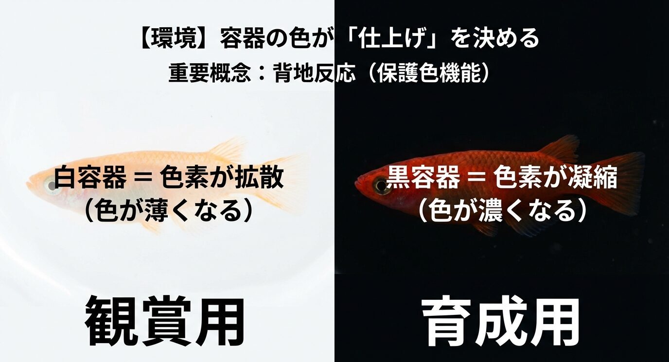 白背景の個体は色が薄く、黒背景の個体は色が濃く見える比較画像。「白容器=色素が拡散(観賞用)」「黒容器=色素が凝縮(育成用)」と背地反応(保護色機能)が説明されている。