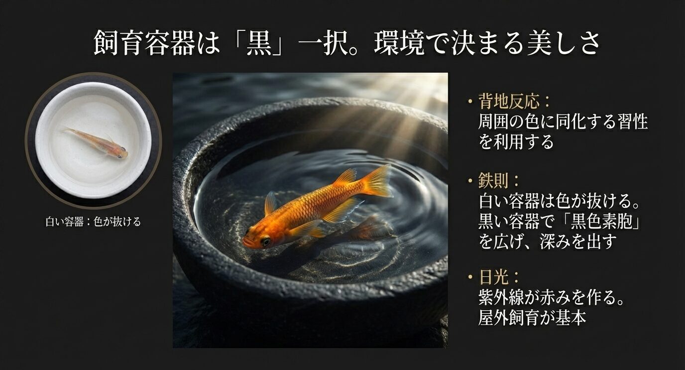 白容器では色が抜け、黒容器では黒色素胞が広がって深みが出ることを写真で比較。背地反応、白容器は色抜け、日光(紫外線)が赤みを作るため屋外飼育が基本と説明。
