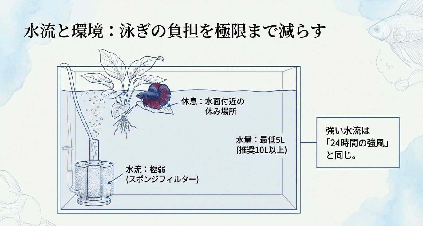 水槽図解。水量は最低5L(推奨10L以上)、スポンジフィルターで水流を極弱にし、水面付近に休息場所を作る。強い水流は「24時間の強風」と警告。