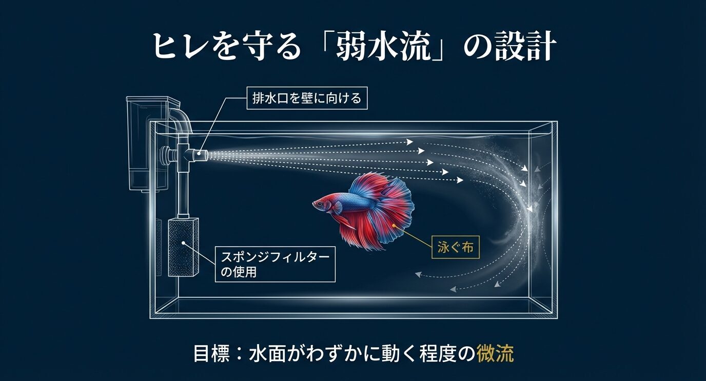 「水槽内の水流を弱める図。排水口を壁に向ける、スポンジ(スポンジフィルター)を使う。目標は水面がわずかに動く程度の微流」