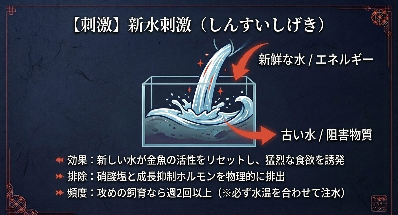 時計と胃腸のアイコンで「多回数給餌システム」を説明。1回は数分で食べる小量×1日5〜10回、メニューは高タンパク増体用飼料+冷凍赤虫、ツールは自動給餌器推奨とまとめたスライド。