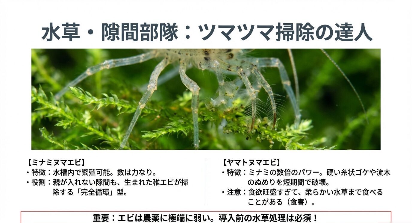 ミナミヌマエビとヤマトヌマエビの役割(隙間掃除・強力除去)と「水草の農薬対策が必須」という注意を示すスライド
