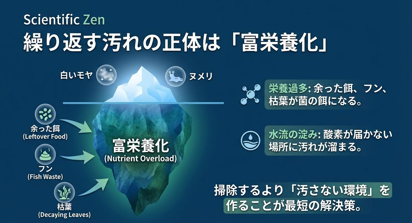 氷山図で中央に「富栄養化」。原因として余った餌・フン・枯葉が示され、栄養過多や水流の淀み(酸素不足)で汚れが溜まること、掃除より「汚さない環境づくり」が最短解決と書かれている。