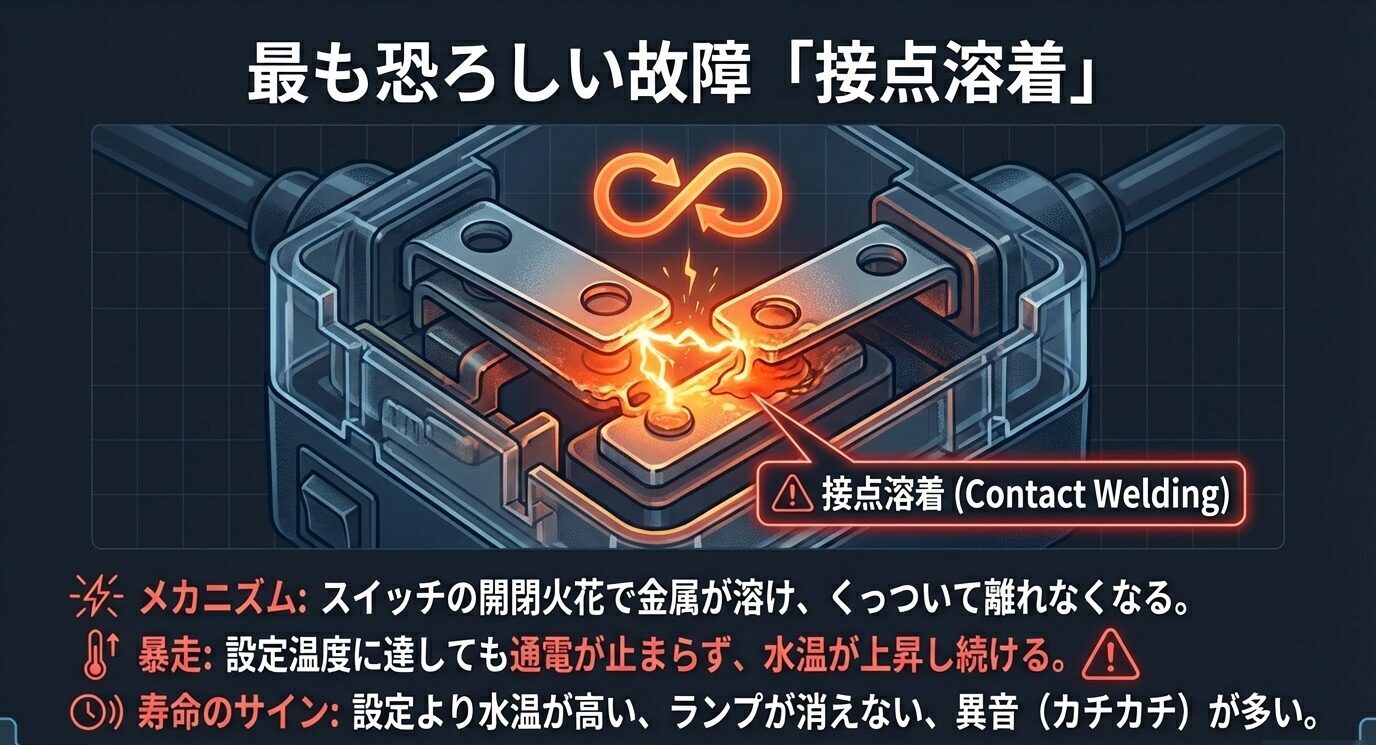 リレー接点が溶着して通電が止まらず、水温が上がり続ける故障モードと警告サインをまとめた図解。