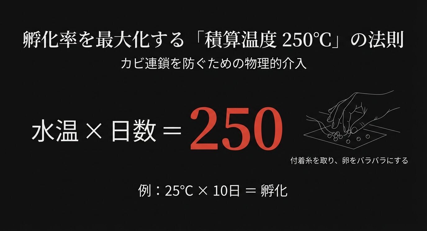 孵化の目安は水温×日数=250。付着糸を取り卵をバラして管理し、カビの連鎖を防ぐことを示す。