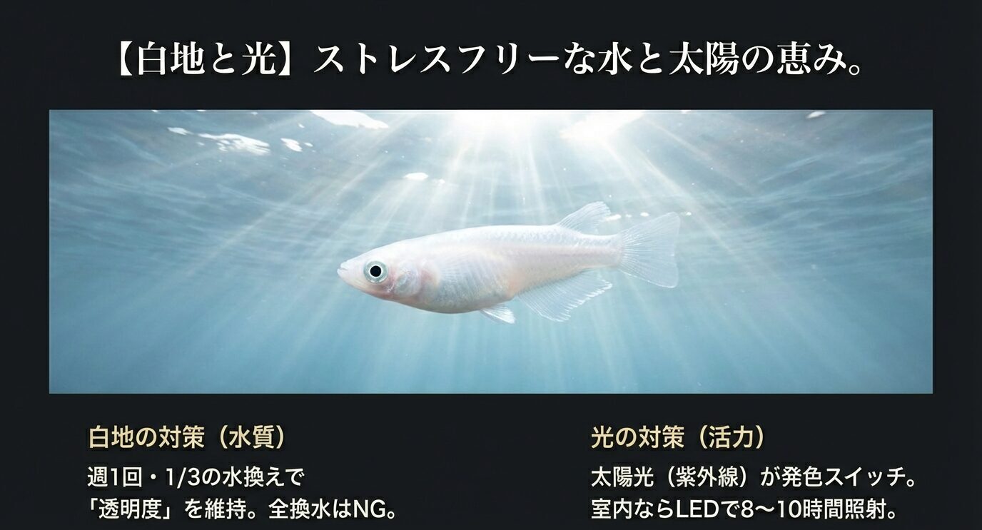 白地は水質(週1回1/3換水で透明度維持、全換水はNG)、光は太陽光が発色スイッチで室内はLED8〜10時間とまとめたスライド。