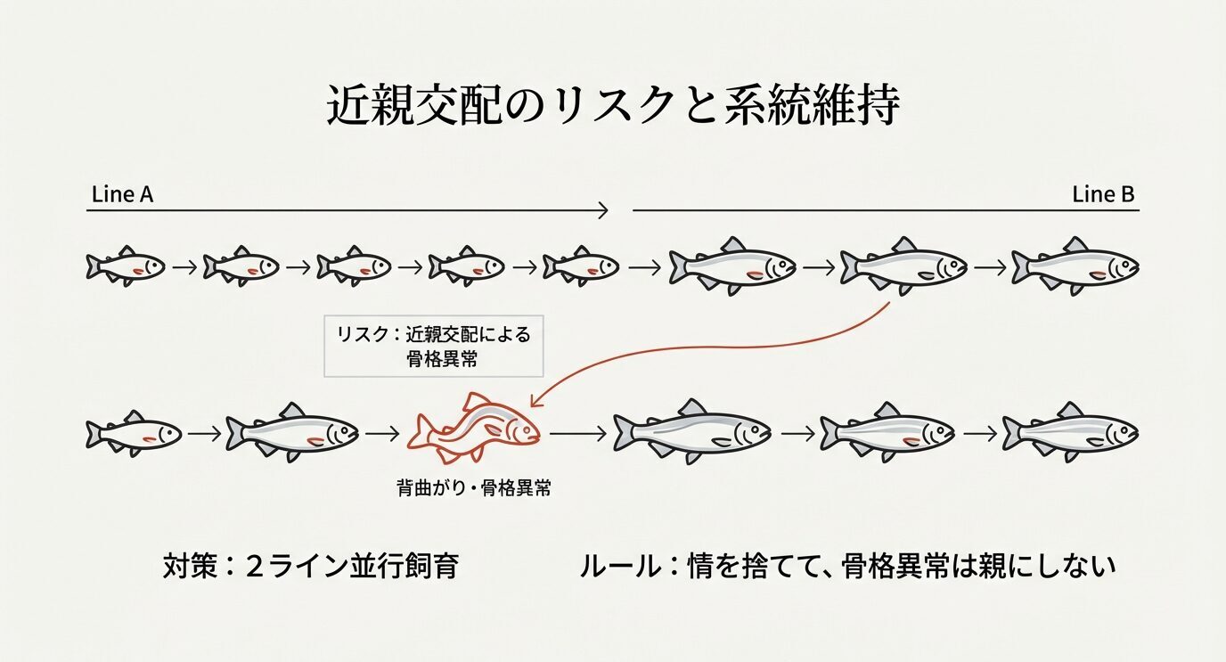 近親交配で背曲がりなど骨格異常が出るリスクを示す図。ラインA・Bを並行飼育し、ライン間で血を入れ替えて系統崩壊を防ぐ。