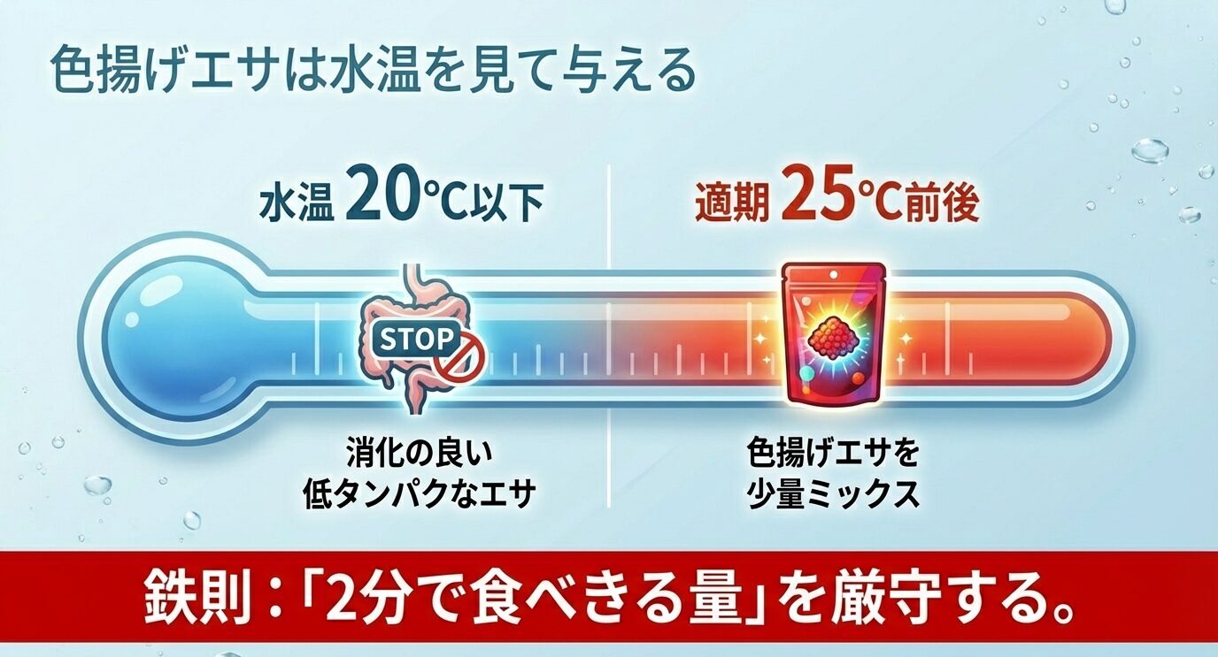 水温20℃以下では消化の良い低タンパク中心、25℃前後で色揚げエサを少量ミックスし、「2分で食べきる量」を守ることを示すスライド