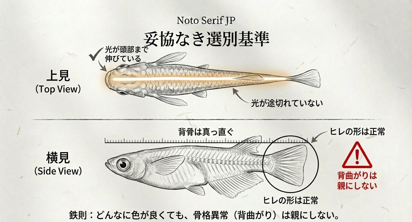 上見は「光が頭部まで伸びている」「光が途切れていない」を確認。横見は背骨が真っ直ぐ、ヒレ形が正常を確認。注意として「背曲がりは親にしない」と強調する選別基準図。