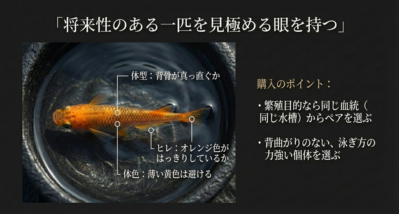 上見の琥珀メダカ写真に注釈。背骨が真っ直ぐか、ヒレのオレンジがはっきりしているか、薄い黄色の個体は避けるなど“将来性のある一匹”の見極めポイントを示す。
