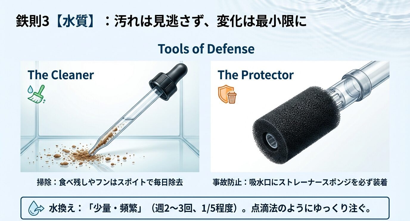 スポイトで底の残餌を吸う図と、吸水口にストレーナースポンジを付ける図。下部に「水換え:少量・頻繁(週2〜3回、1/5程度)/ゆっくり注ぐ」と表示。