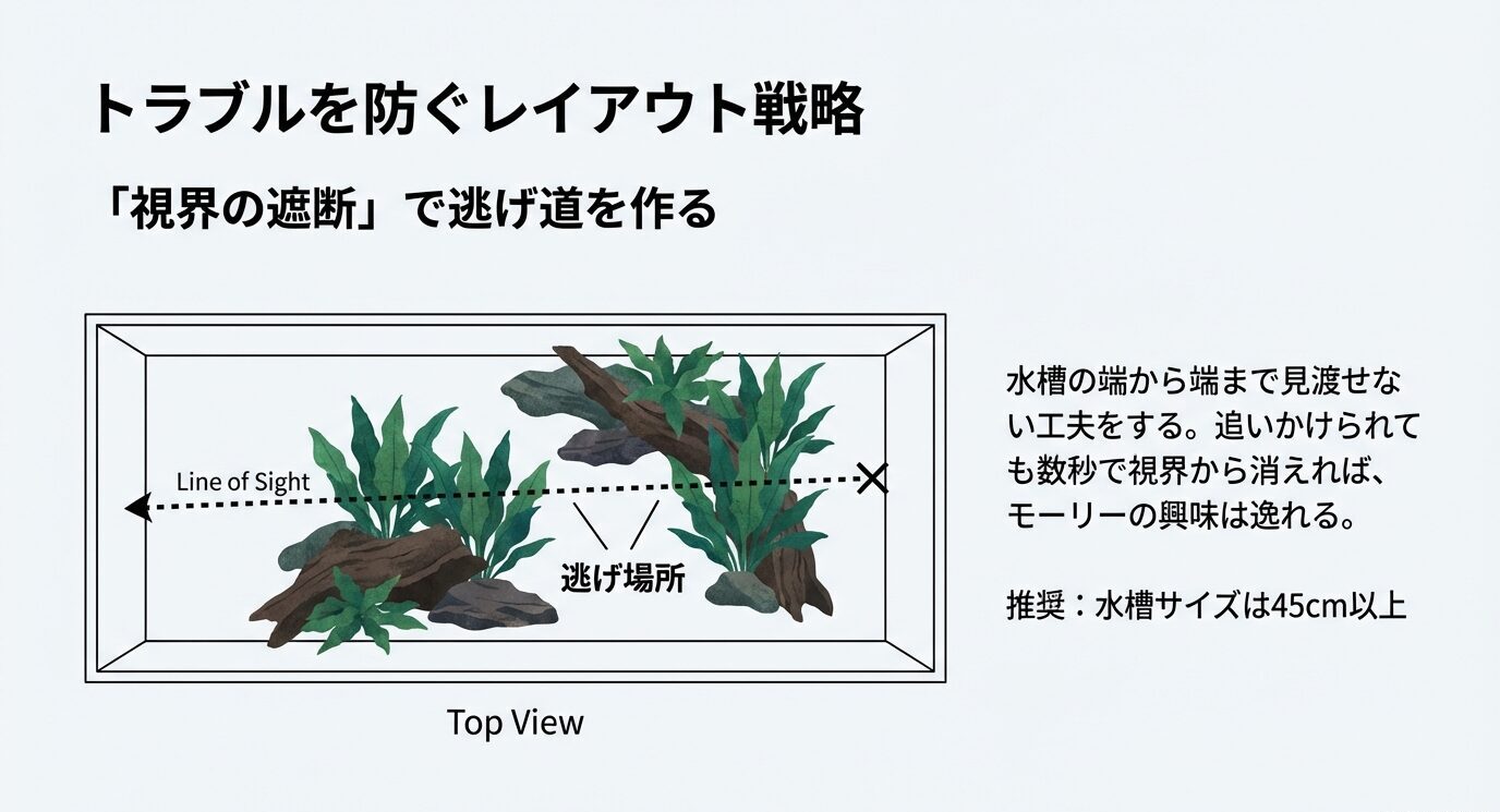上から見た水槽図で、流木・水草で見通し(Line of Sight)を遮り“逃げ場所”を作る考え方を説明。端から端まで見渡せない工夫と水槽45cm以上推奨を示す。