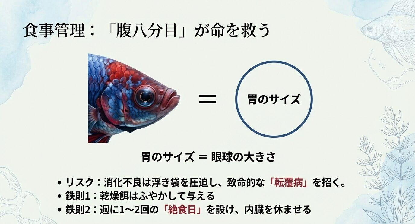 ベタの頭部イラストと胃のサイズの図。「胃のサイズ=眼球の大きさ」。消化不良が浮き袋を圧迫して転覆病を招く、乾燥餌はふやかす、週1〜2回の絶食日を推奨と記載。