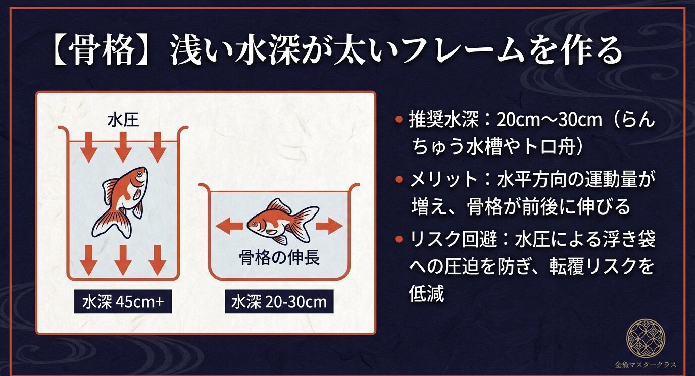 深水(45cm+)は水圧がかかる一方、浅水(20〜30cm)は水平運動が増えて骨格が前後に伸びる図解。推奨水深20〜30cm、浮き袋圧迫を防いで転覆リスク低減と説明するスライド。