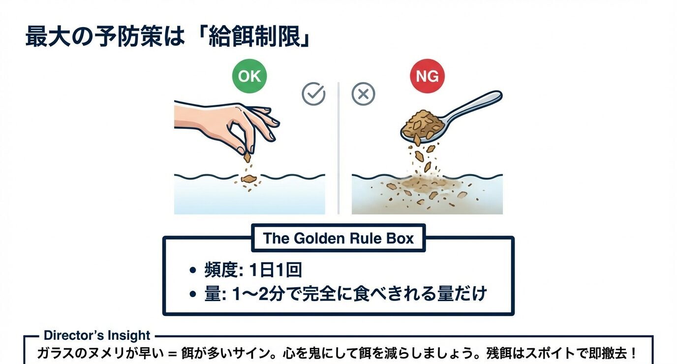 OKは少量、NGはスプーンで大量給餌の図。「頻度:1日1回」「量:1〜2分で完全に食べきれる量だけ」。補足として、ヌメリが早い=餌が多いサイン、残餌は即撤去と示す。