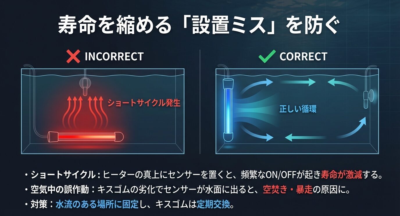 誤ったセンサー位置でショートサイクルが発生する例と、水流のある場所に固定する正しい設置例を比較したスライド。