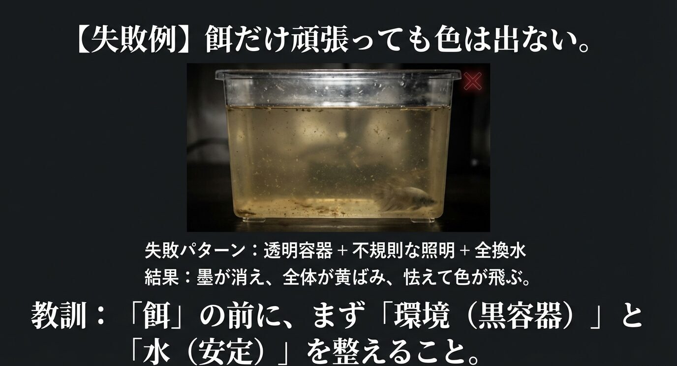 餌だけ頑張っても色は出ない失敗例として、透明容器・不規則な照明・全換水で墨が消え黄ばみ怯える、先に環境と水の安定を整えるべきと示すスライド。