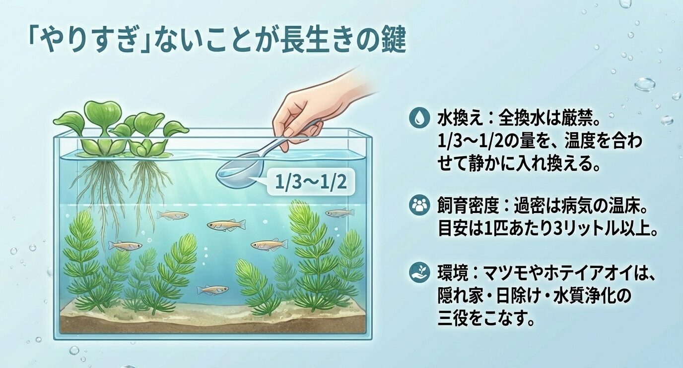 全換水は避けて1/3〜1/2換水+温度合わせ、過密は病気の温床で目安は1匹あたり3L以上、水草(マツモ等)は隠れ家・日除け・水質浄化に役立つことを示すスライド