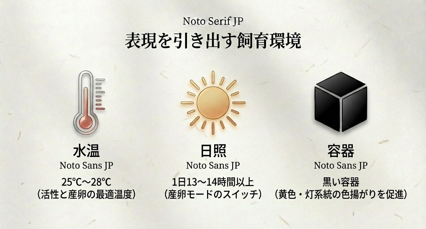 水温25〜28℃、日照1日13〜14時間以上、黒い容器(黄色・灯系統の色揚がりを促進)という3要素をアイコンで示す。