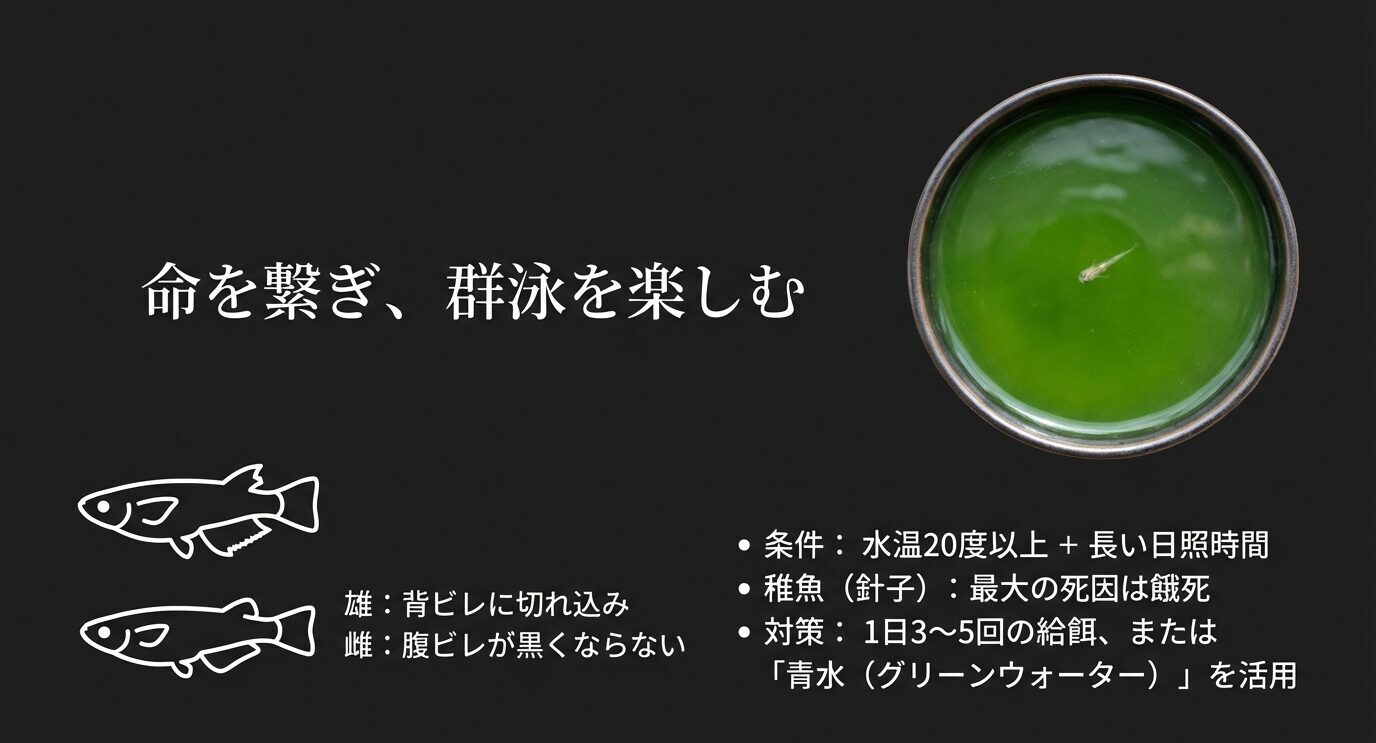 青水(グリーンウォーター)の写真と、繁殖条件(水温20℃以上+長日)、針子の最大の死因は餓死、給餌3〜5回や青水活用などの要点を箇条書きでまとめる。雌雄の見分け(オスは背ビレに切れ込み等)の図もある。