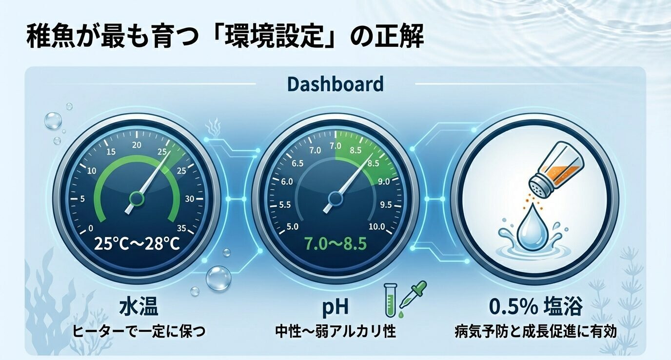 3つのメーター表示。「水温25℃〜28℃」「pH7.0〜8.5」「0.5%塩浴(病気予防・成長促進)」をアイコン付きでまとめたダッシュボード。
