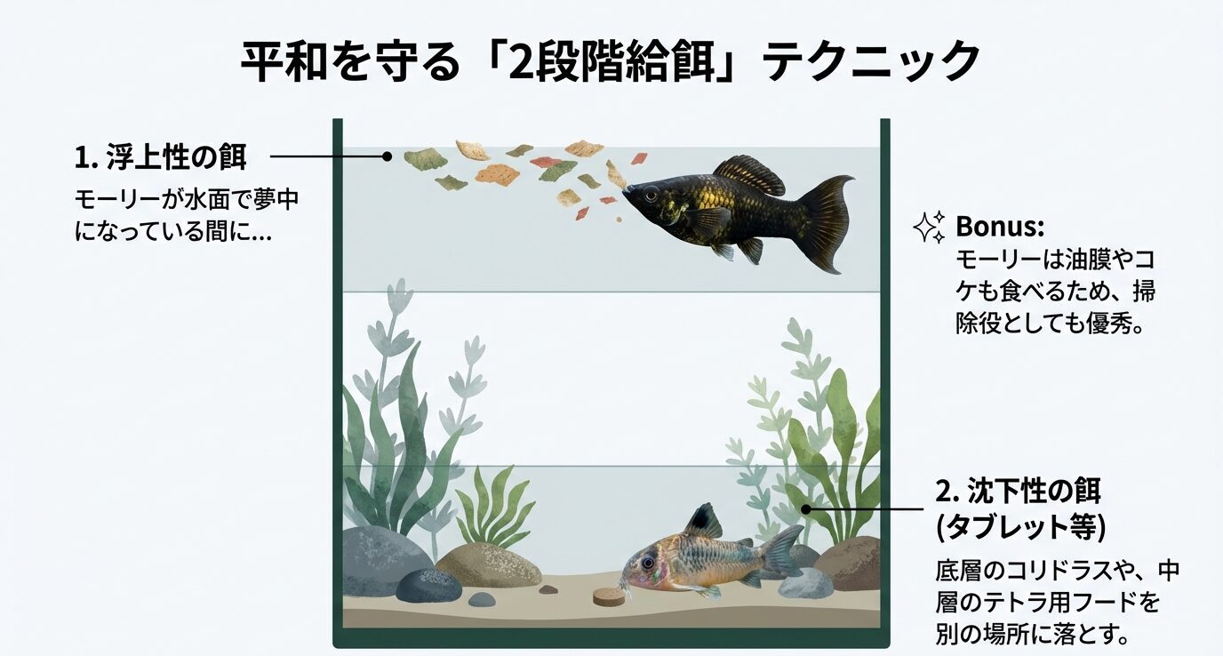 モーリーが上層で浮上性の餌に集中している間に、底層魚やテトラ用の沈下性フード(タブレット等)を別地点へ投入する手順を図解。油膜やコケも食べる補足つき。