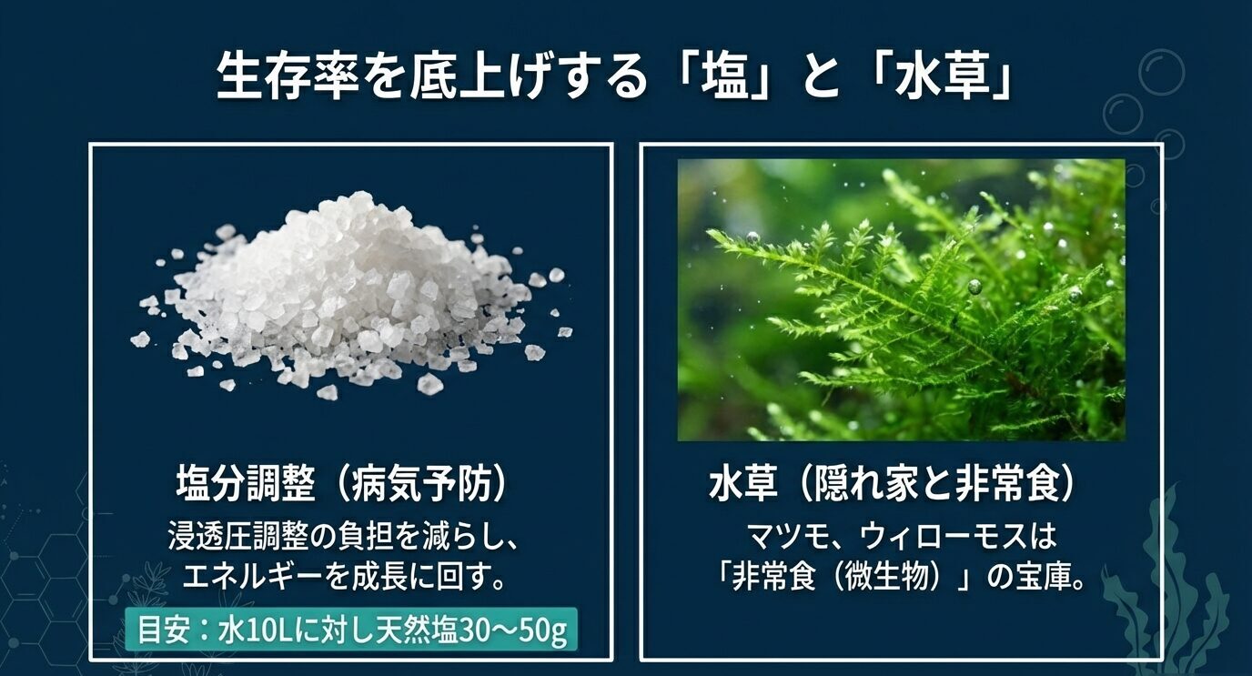 左に天然塩、右に水草の写真。塩分調整で浸透圧負担を減らし成長に回す(目安:水10Lに30〜50g)、水草は隠れ家と微生物の非常食になると示す。