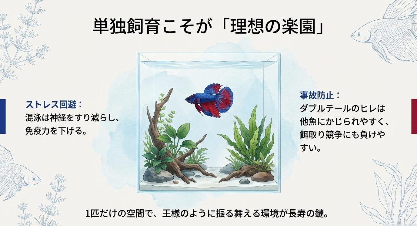 水槽に1匹だけのベタのイラスト。混泳はストレスで免疫低下、ダブルテールのヒレは他魚にかじられやすく餌取り競争にも負けやすいとして、単独飼育を推奨。