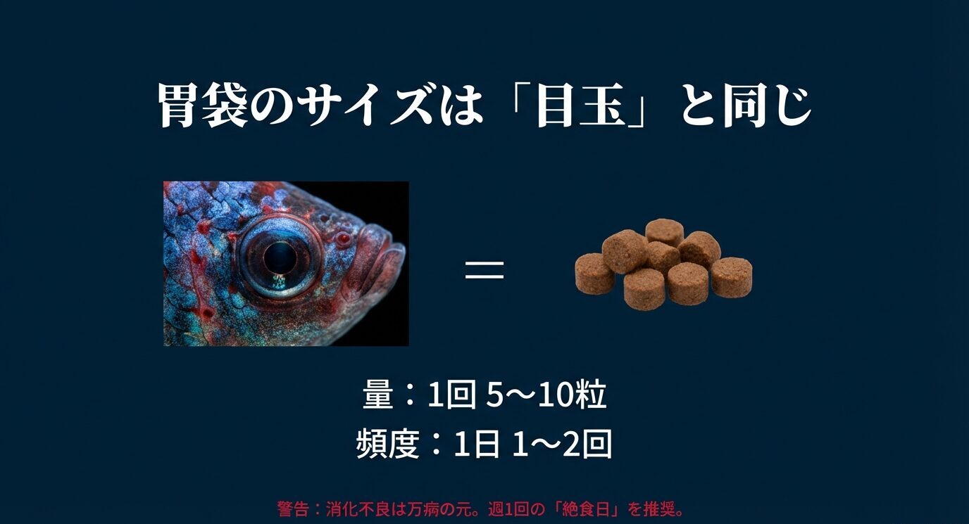 「ベタの胃袋は目玉と同じ大きさを示す。給餌量は1回5〜10粒、頻度は1日1〜2回。消化不良予防として週1回の絶食日推奨の注意書き」