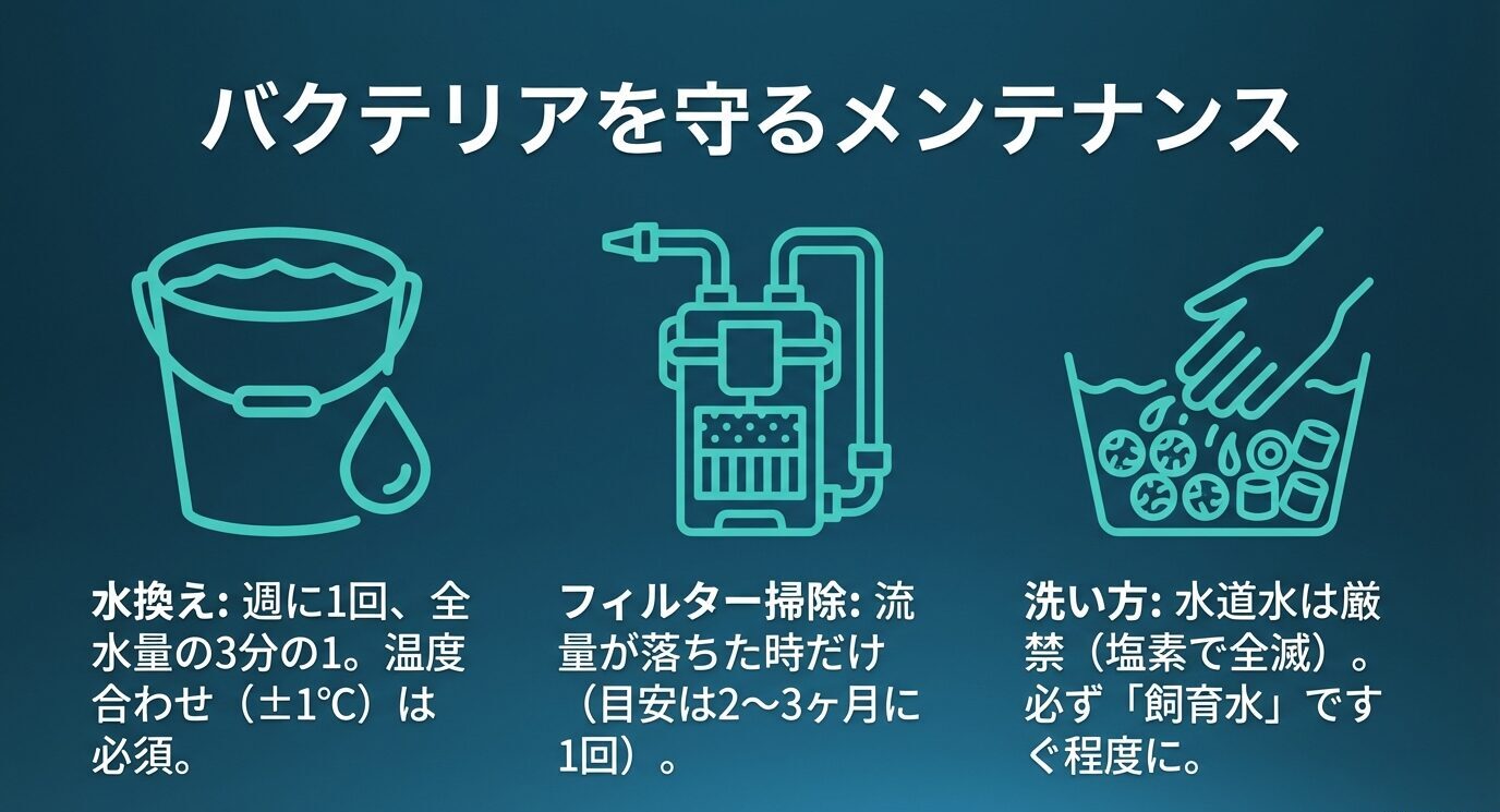 バケツ・フィルター・手入れのアイコン。水換えは週1回で全水量の3分の1、温度合わせは±1℃。フィルター掃除は流量低下時のみ(目安2〜3ヶ月に1回)。洗い方は水道水禁止で、飼育水で軽くすすぐ。