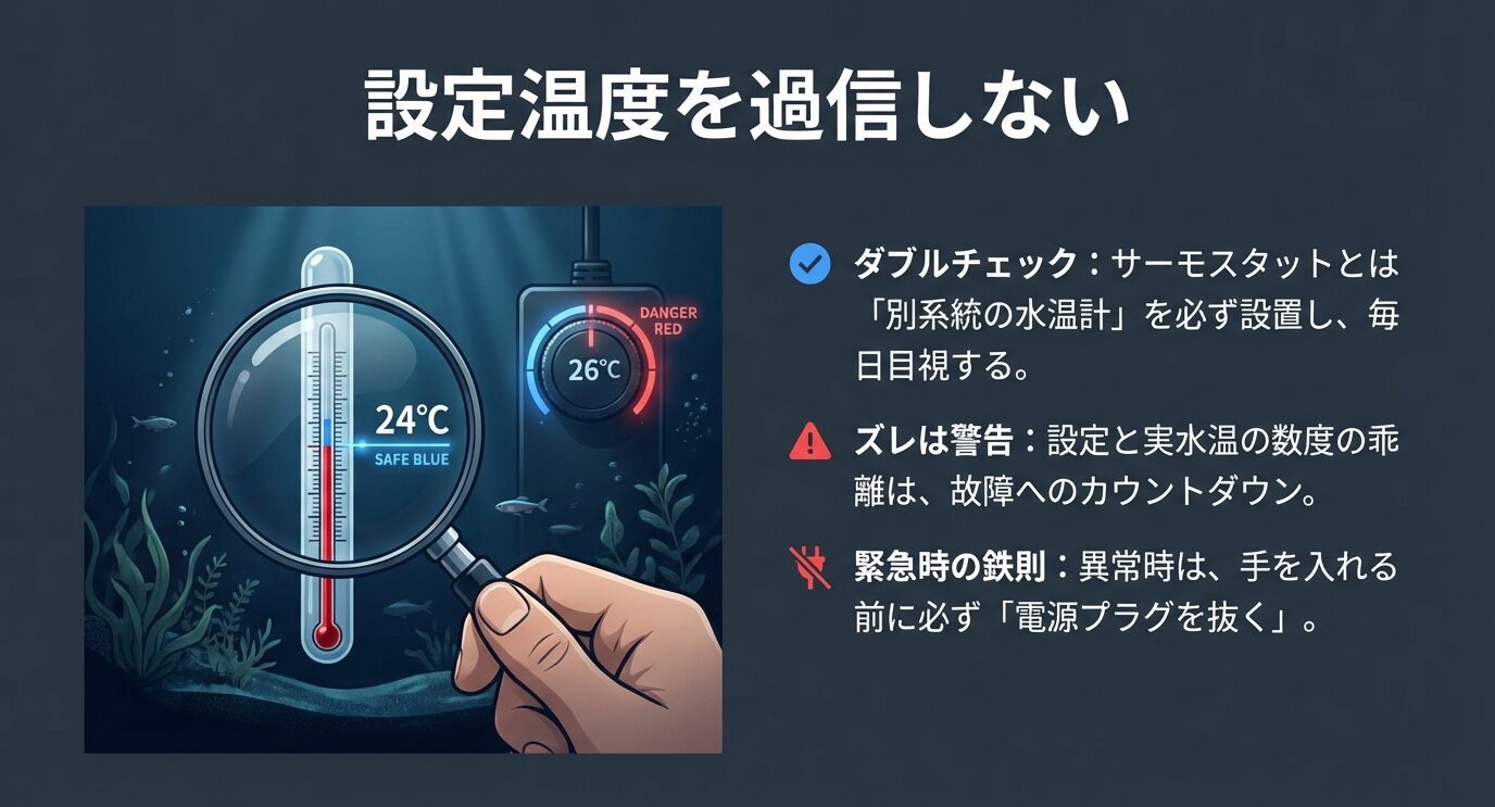 別系統の水温計で実水温を毎日確認し、異常時は作業前に電源プラグを抜く鉄則を示すスライド。