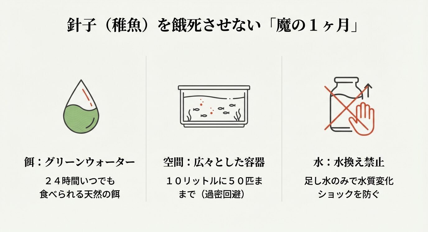 針子育成の3ポイント。グリーンウォーターで常時給餌、広い容器(10Lに50匹まで)で過密回避、水換えは避け足し水中心でショックを防ぐ。