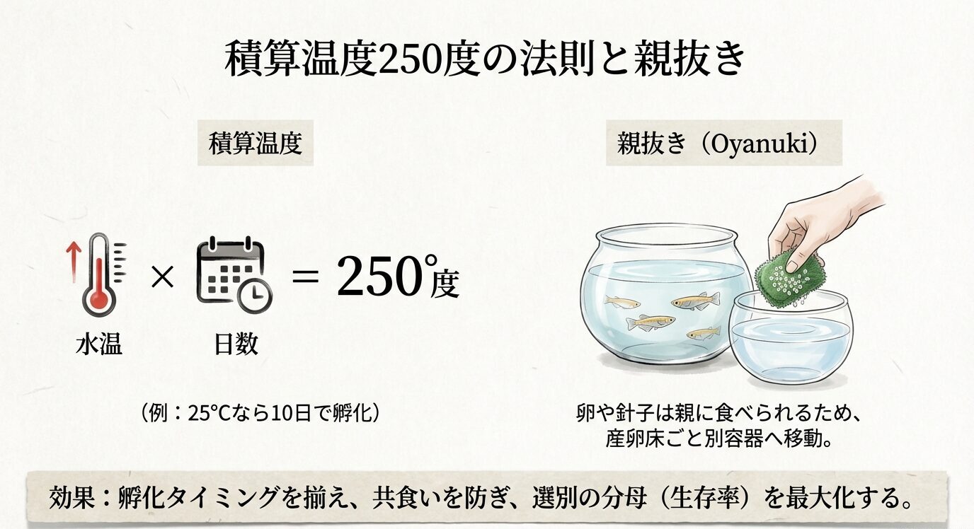 左に「水温×日数=250度(例:25℃なら10日で孵化)」の図。右に親抜き(産卵床や卵を別容器へ移す)イラスト。効果として孵化タイミングを揃え共食いを防ぎ、選別の分母(生存率)を最大化すると示す。