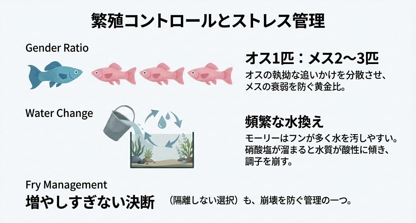 オス1:メス2〜3の黄金比、モーリーはフンが多く水が汚れやすいので水換えが重要、稚魚は増やしすぎない判断(隔離しない選択も)をまとめた管理スライド。