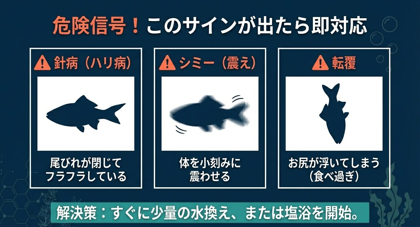 針病(尾びれが閉じてフラつく)、シミー(体を小刻みに震わせる)、転覆(お尻が浮く)を危険信号として提示し、少量の水換えまたは塩浴で即対応と示す。