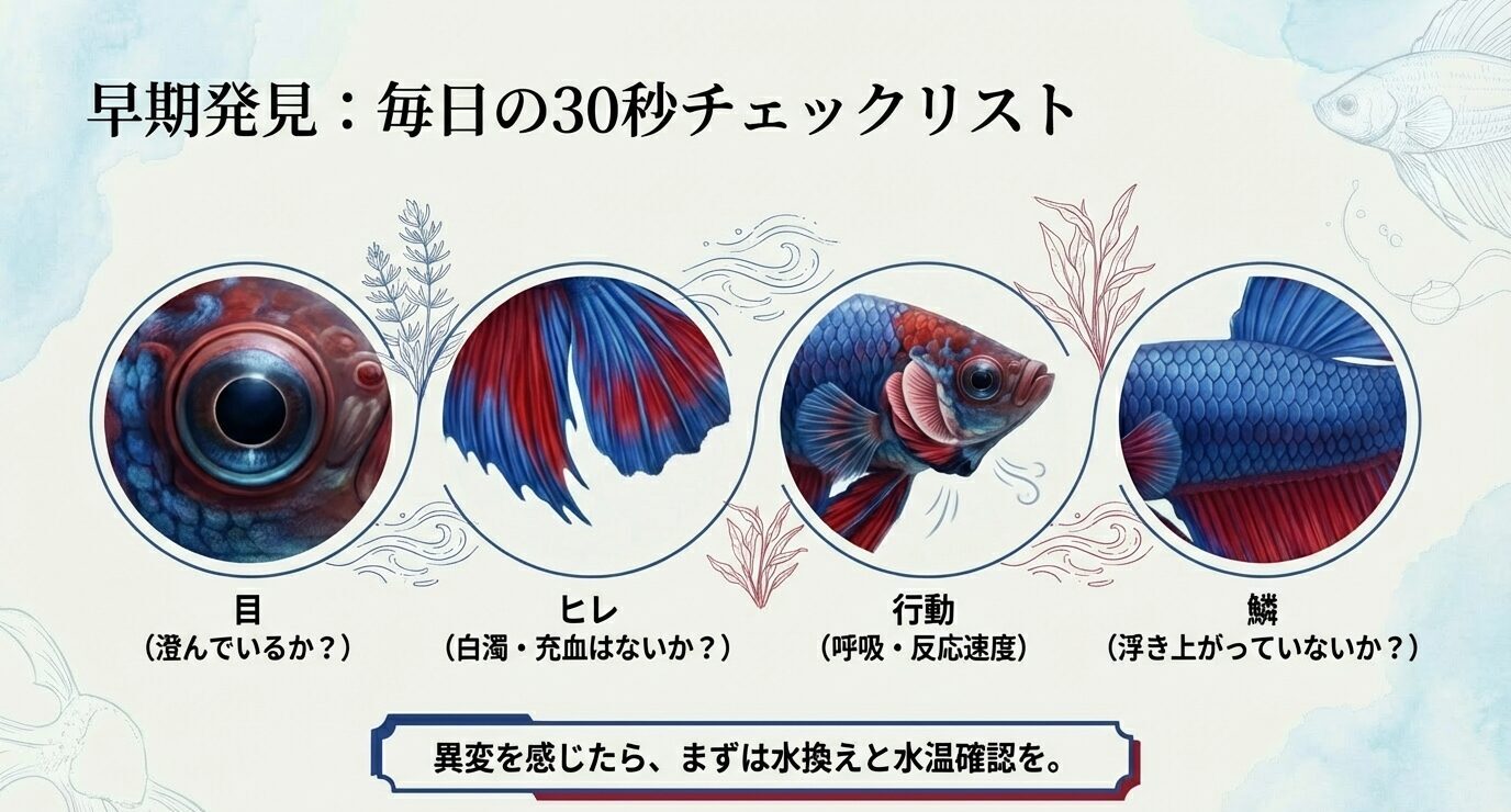 「目」「ヒレ」「行動」「鱗」の4項目を図で示し、澄み具合・白濁/充血・呼吸/反応速度・浮き上がりを短時間で確認。異変時はまず水換えと水温確認と記載。
