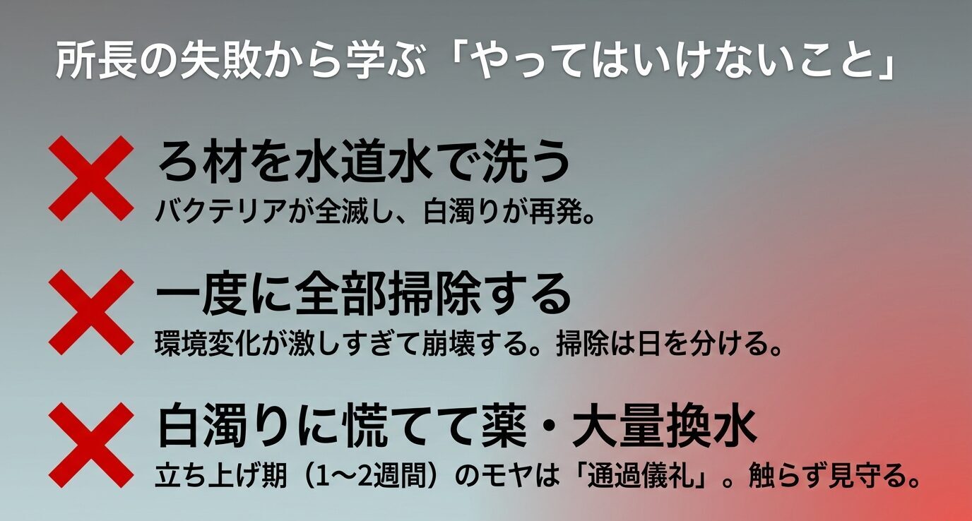 大きな×印とともに、①ろ材を水道水で洗う(バクテリア全滅・白濁り再発)②一度に全部掃除する(環境変化で崩壊、掃除は日を分ける)③白濁りに慌てて薬・大量換水(立ち上げ期のモヤは通過儀礼、触らず見守る)とある。
