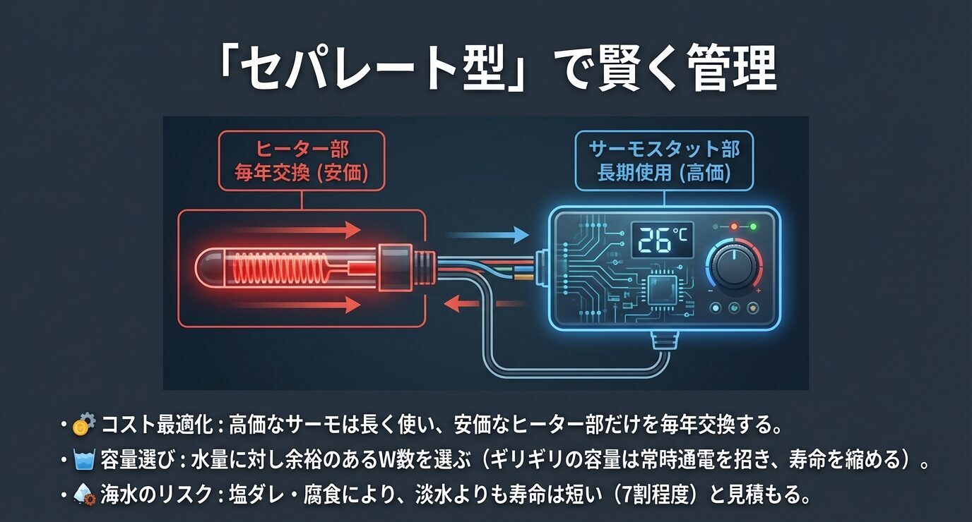 ヒーター部は毎年交換、サーモ部は長期使用として管理するセパレート運用のメリットを図解したスライド。