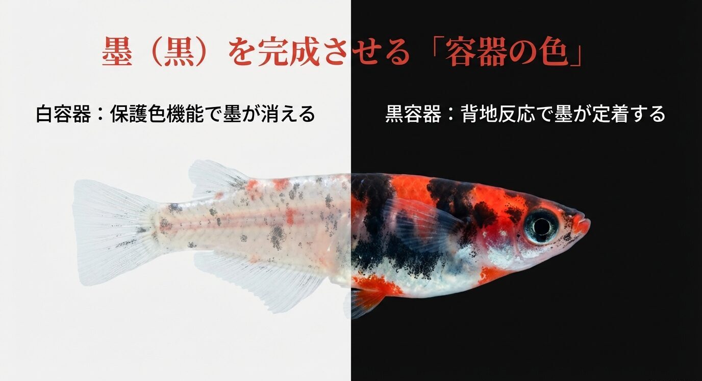 白い容器では保護色で墨が消えやすく、黒い容器では背地反応で墨が定着しやすいことを示す比較図。