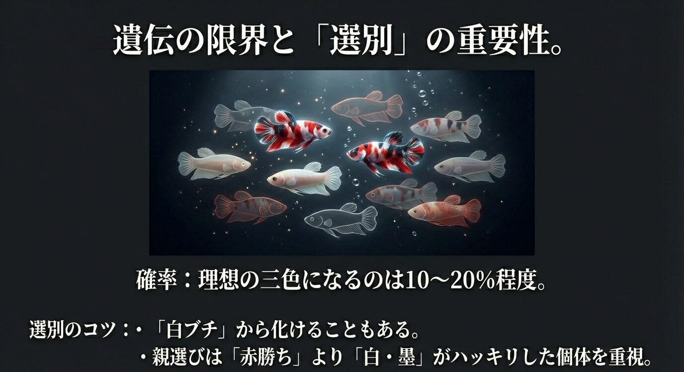 理想の三色になる確率は10〜20%程度で、選別が重要。白ブチから化けることもあり、親は赤勝ちより白と黒がはっきりした個体を重視するスライド。