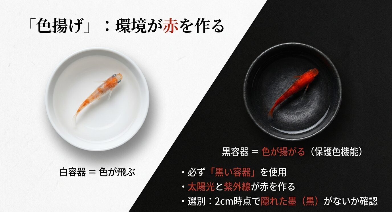 白容器では色が飛び、黒容器で赤が強く出る比較写真。黒容器の使用、太陽光と紫外線の重要性、2cm時点で隠れ墨(黒)がないか確認するポイント。