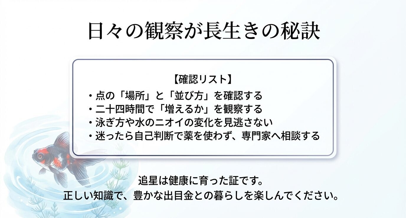 白い点を見つけた時の確認事項(場所・並び方・24時間で増えるか・泳ぎやニオイの変化・迷ったら相談)をチェックリストで示す締めのスライド