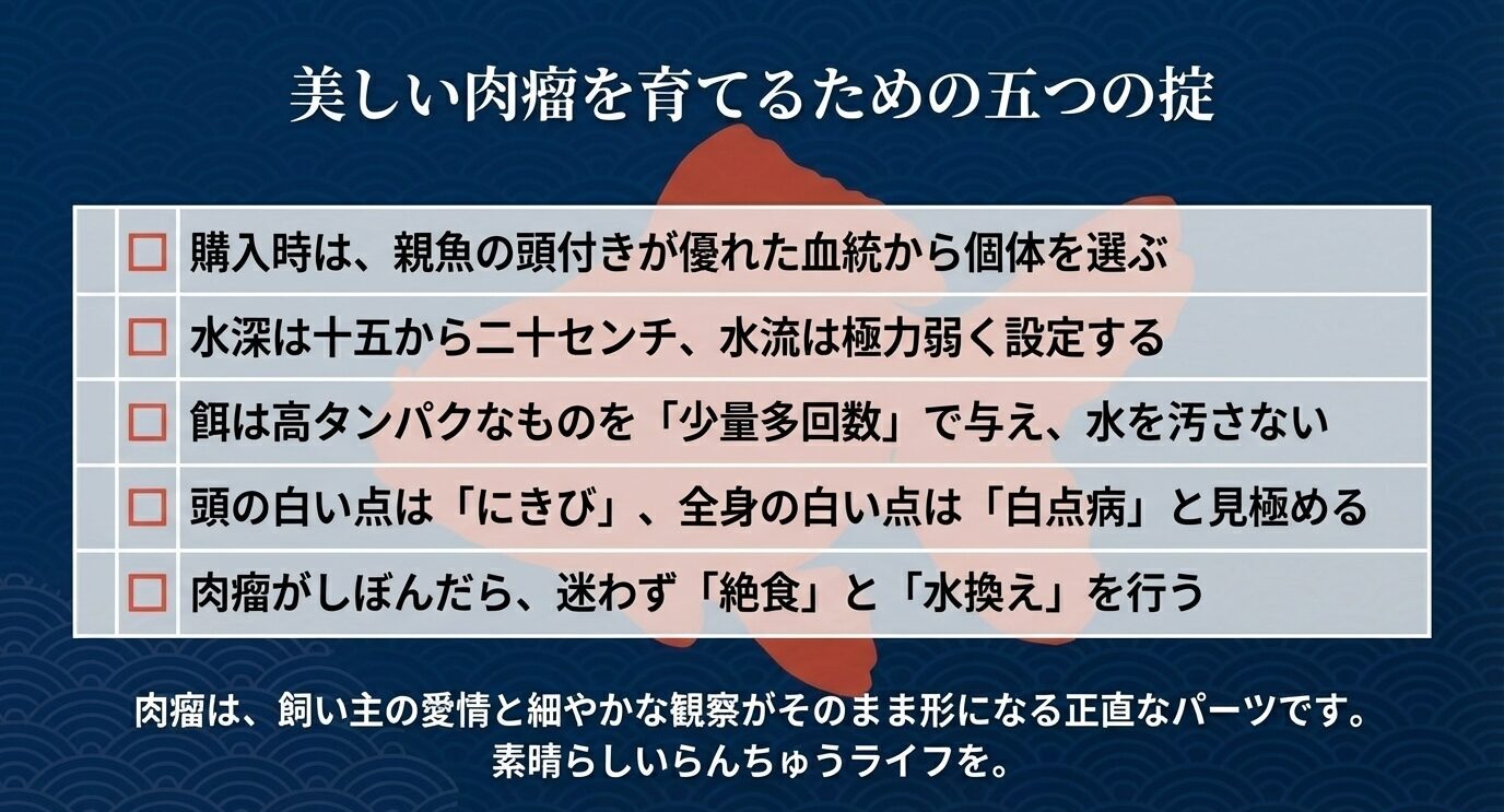 『血統重視で選ぶ』『水深15〜20cm・弱い水流』『高タンパク餌を少量多回数』『頭だけの白点はにきび、全身は白点病』『しぼんだら絶食と水換え』の5項目を大きく整理した総まとめスライド。