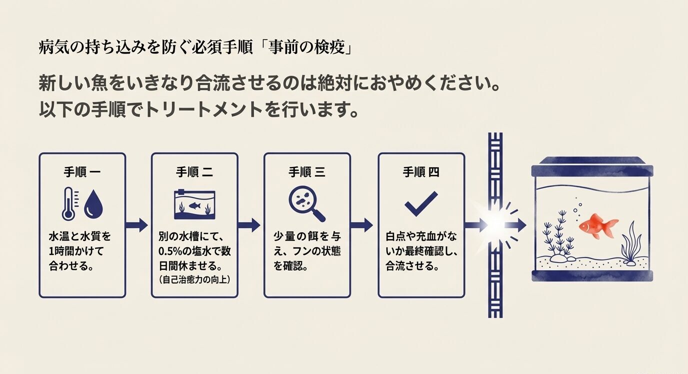 新しい魚を合流させる前の検疫手順を4ステップで示した図。水合わせ、0.5%塩浴、少量給餌確認、最終チェックの流れを説明している。