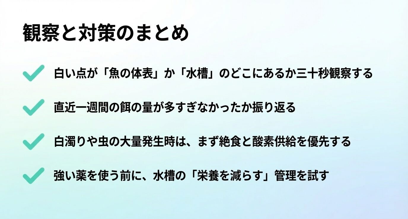チェックマーク付きで、白い点の位置観察、給餌量の見直し、絶食と酸素供給の優先など、対策の要点をまとめたスライド。