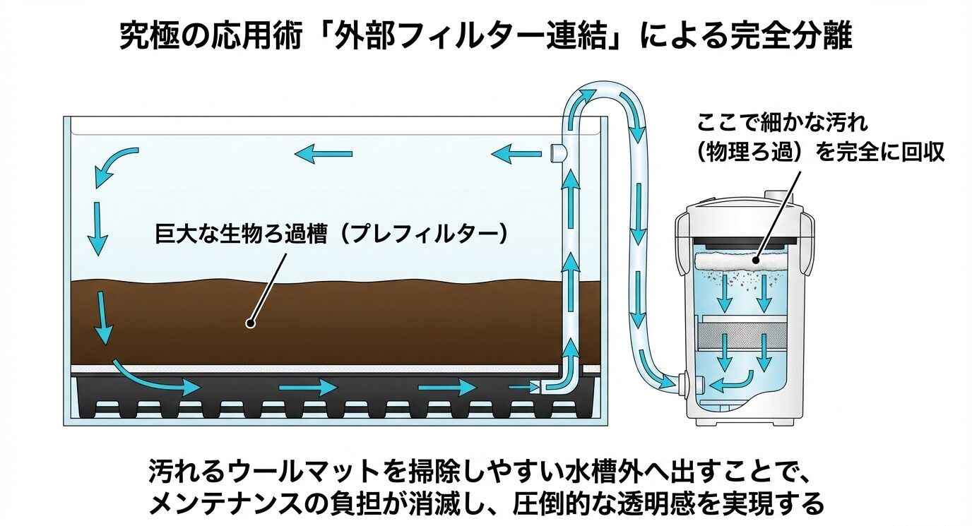 底面フィルターで生物ろ過を行い、外部フィルター側で細かな汚れを回収する連結方式の水流と役割分担を示した図